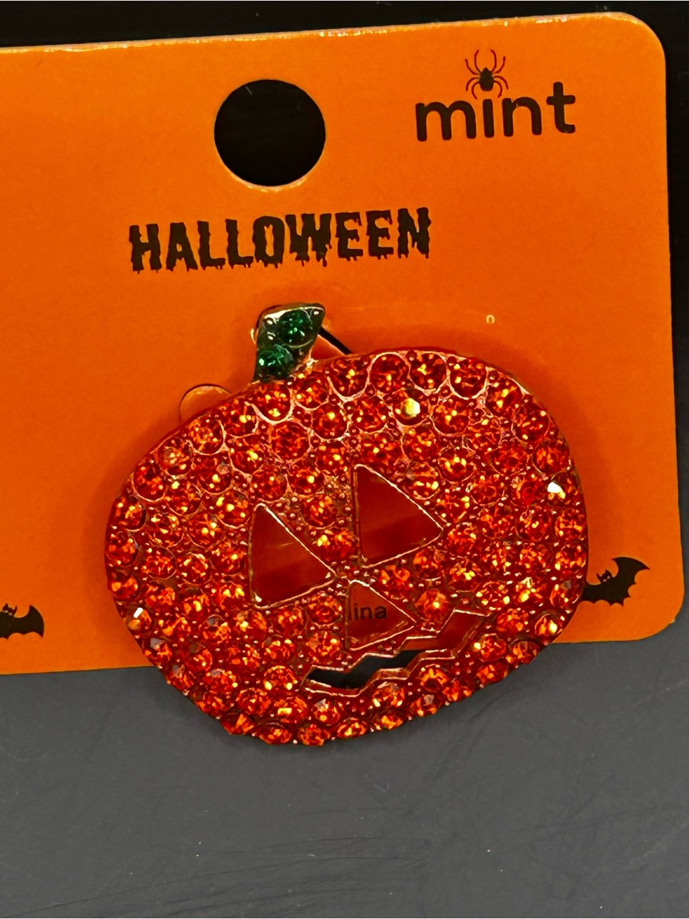 Orange Crystal Pumpkin Pin - Halloween Jack-O'-Lantern Brooch